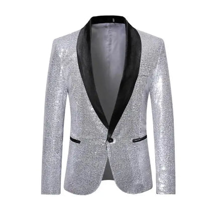 2026 Men's Suit Jacket, Shiny Sequin Stage Performance Coat, White Silver Blue Red Purple Blazers V-neck Single Button S-XXL