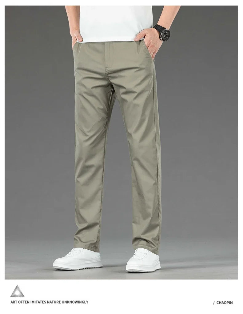 Spring Summer New Men's Casual Pants Thin Mulberry Silk Soft Business Casual Trousers Slim Straight Elastic Suit Pants Male