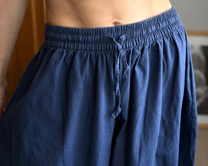 Summer Cotton Oversized Pants For Women Blue Baggy Aladdin Trousers Elastic Bloomers Navy Blue Cropped Lantern Harem Pants Woman