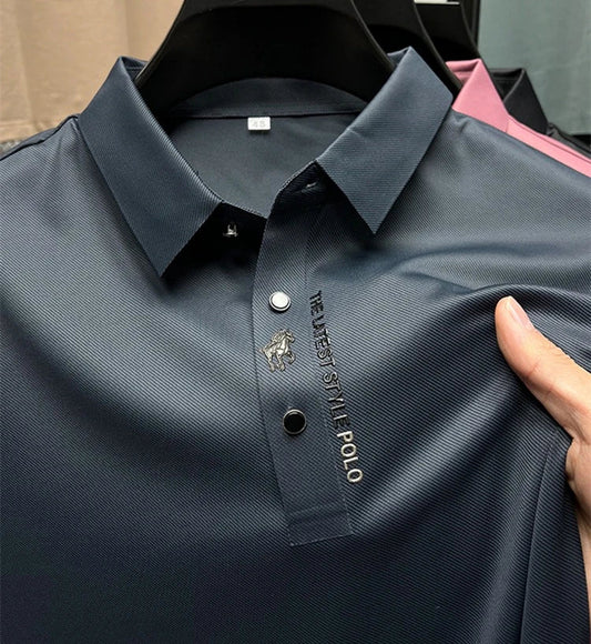 High quality ice silk breathable short sleeve T-shirt Men's 2023 Summer Fashion Embroidery Casual Elastic Comfort polo shirt