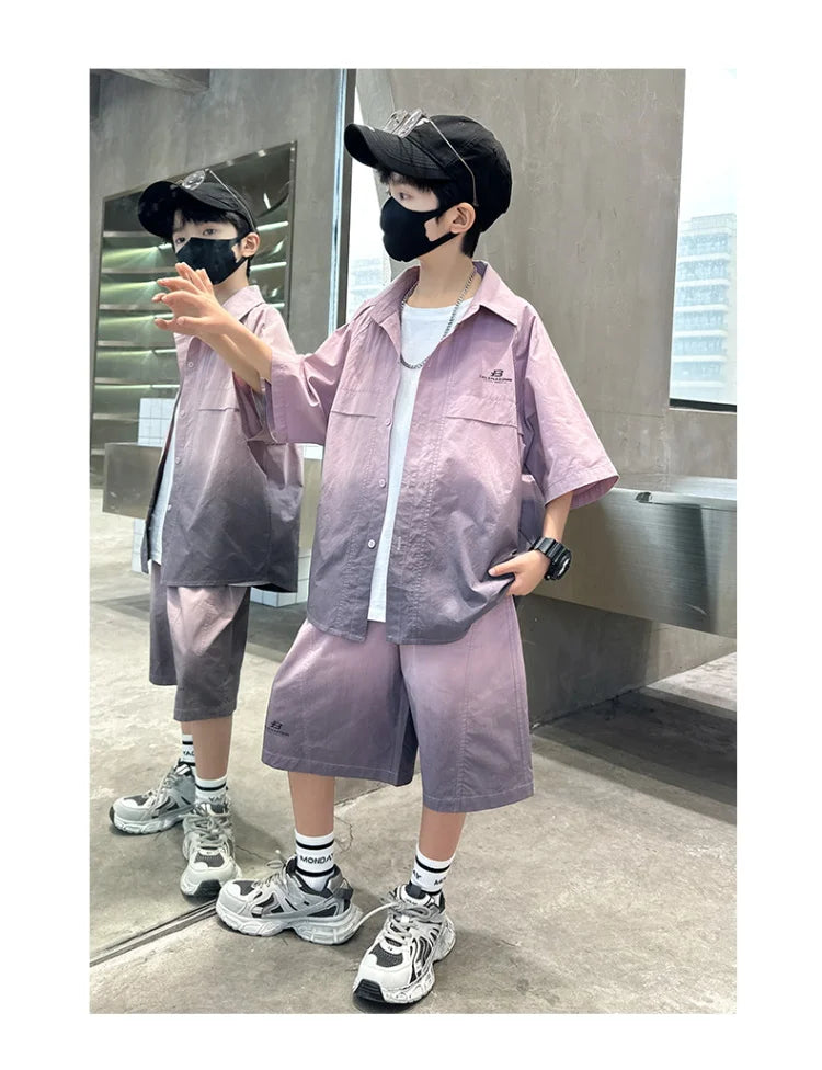 Fashion Kids Clothing Set Shirt Shorts Summer Suit for Teenage Boy Loose Casual Gradient Color Clothes Set Child Luxury Outfit