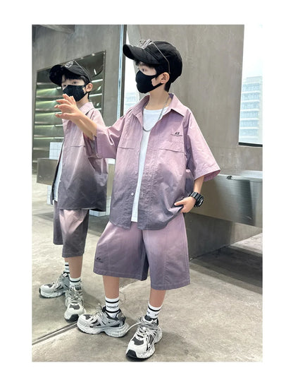 Fashion Kids Clothing Set Shirt Shorts Summer Suit for Teenage Boy Loose Casual Gradient Color Clothes Set Child Luxury Outfit