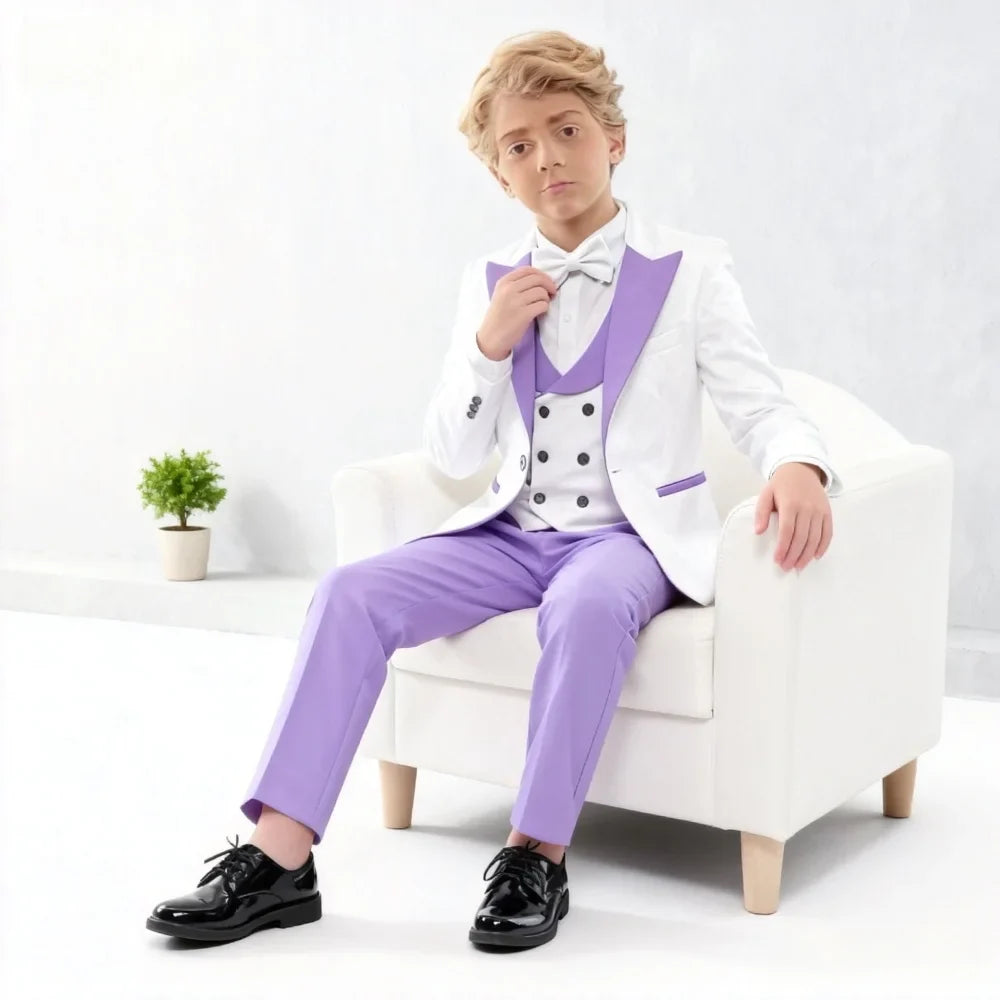 Stylish Notched Lapel Purple Suit Set For Kids Wedding Suits For Flower Boy Kids Formal Suit Set 4 Pieces Classy Tuxedo Suit