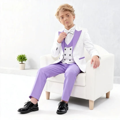 Stylish Notched Lapel Purple Suit Set For Kids Wedding Suits For Flower Boy Kids Formal Suit Set 4 Pieces Classy Tuxedo Suit