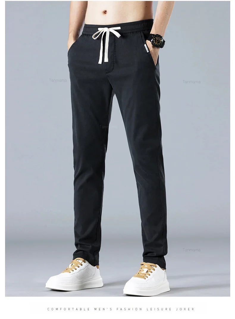 Spring Summer Men's Casual Pants Korean Fashion Cotton Thin Soft Elastic Slim Business Trousers Black Green Khaki