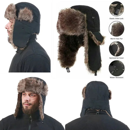 Men's Warm Soldier Hat Winter Pilot Patrolman Earmuffs Polyester Fiber Warm Russian Ski Hat Windproof Cold Pilot Hats