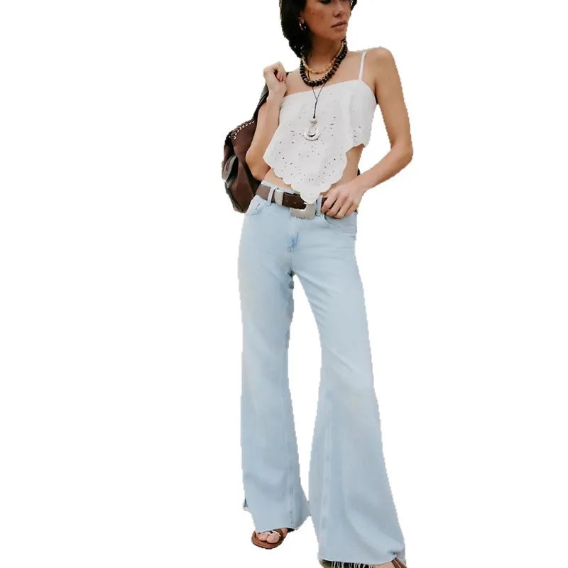 Streetwear Vintage Skinny Washed Flared Jeans Women Korean Fashion High Waist Slim Straight Pants 2025 New Casual Flared Jeans