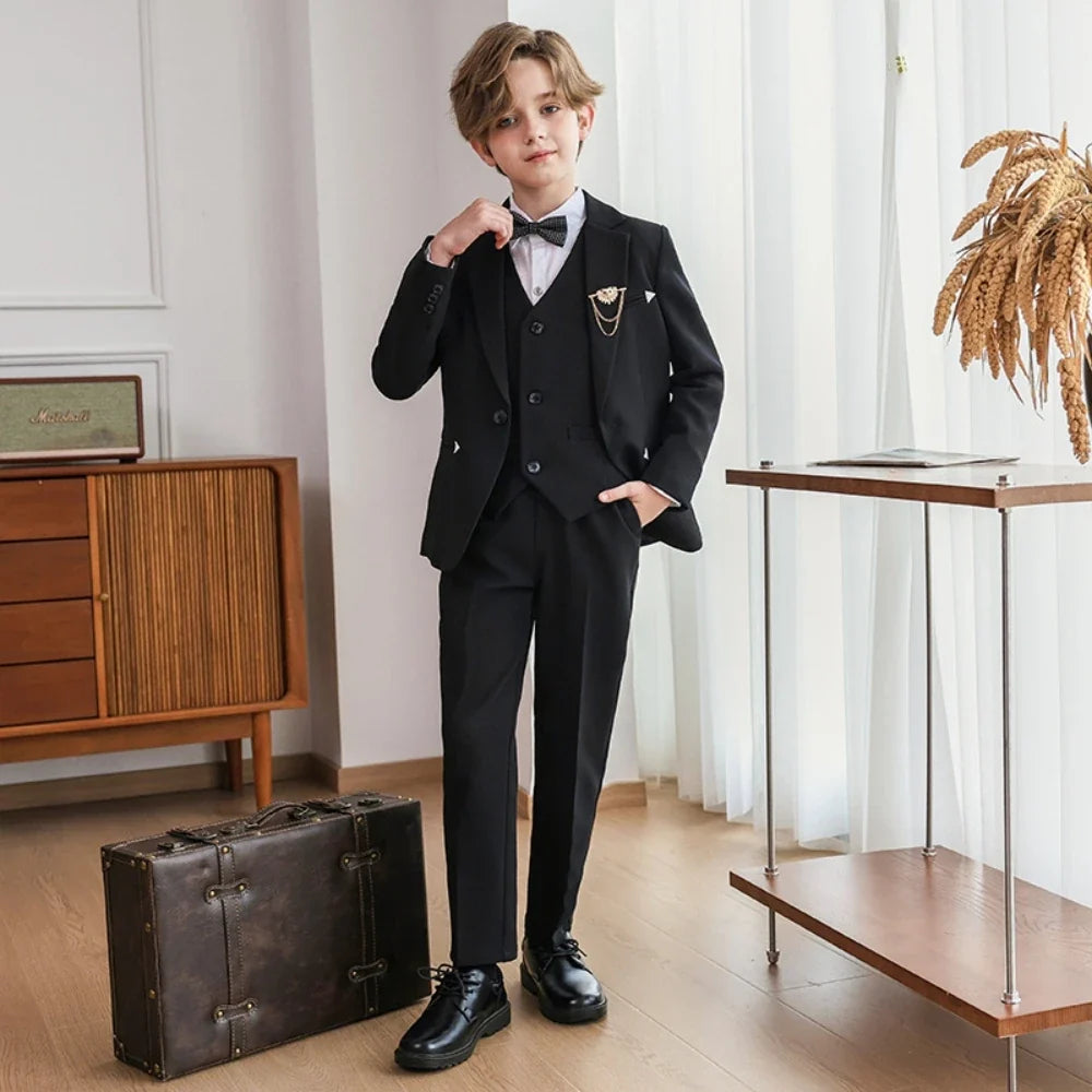 Boys Slim Fit Suit Set 5 Pieces Wedding Ring Bearer Outfit,Notched Lapel Kids Suits Piano Performance Outfit Plus Size 90-170cm