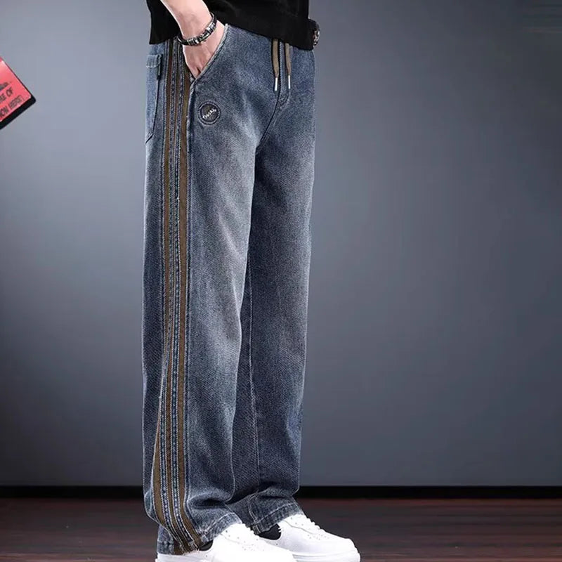 Korean Men'S Jeans Fashion Casual Pants Retro Men'S Straight Leg Pants Side Striped Denim Drawstring Pants