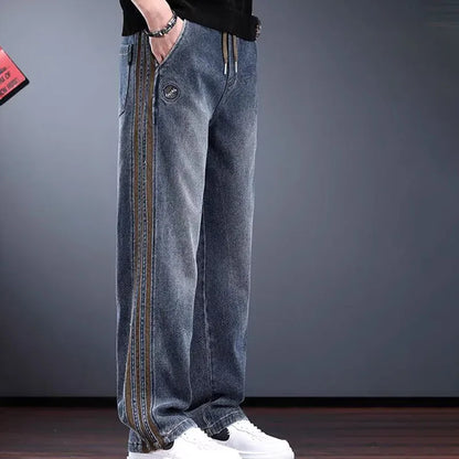 Korean Men'S Jeans Fashion Casual Pants Retro Men'S Straight Leg Pants Side Striped Denim Drawstring Pants