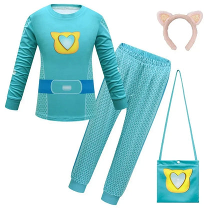 Children SuperKitties Halloween Cartoon Boys Cosplay Costume Super Kitties Buddy Girls Cos Suits Mask Bag Kids Birthday Clothing
