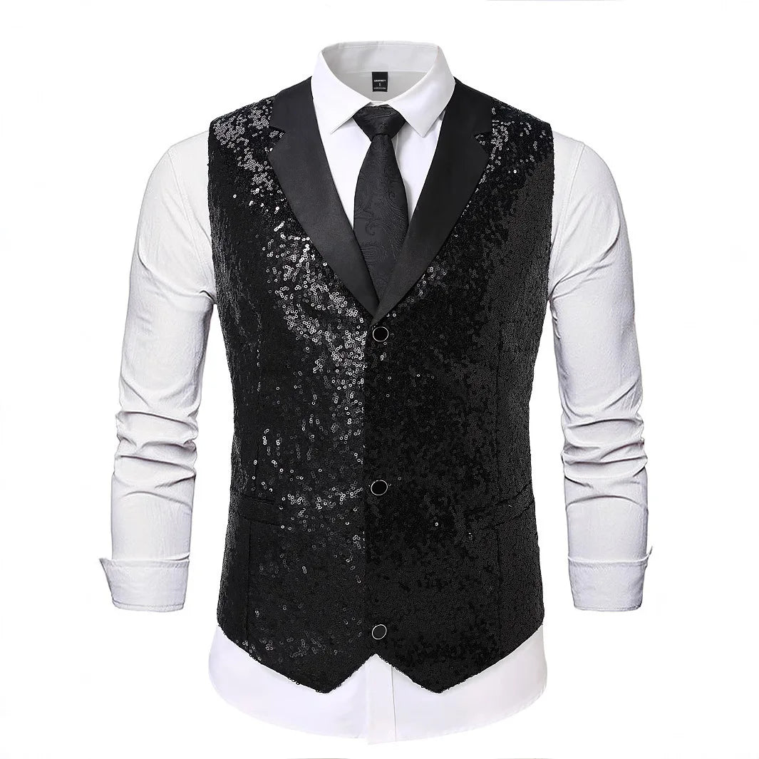 Men's Gold Sleeveless Blazer, Round Sequin-embellished Blazer Jacket, Perfect for Weddings, Parties, DJ Events, and Nightclubs.