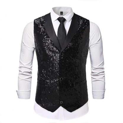 Men's Gold Sleeveless Blazer, Round Sequin-embellished Blazer Jacket, Perfect for Weddings, Parties, DJ Events, and Nightclubs.