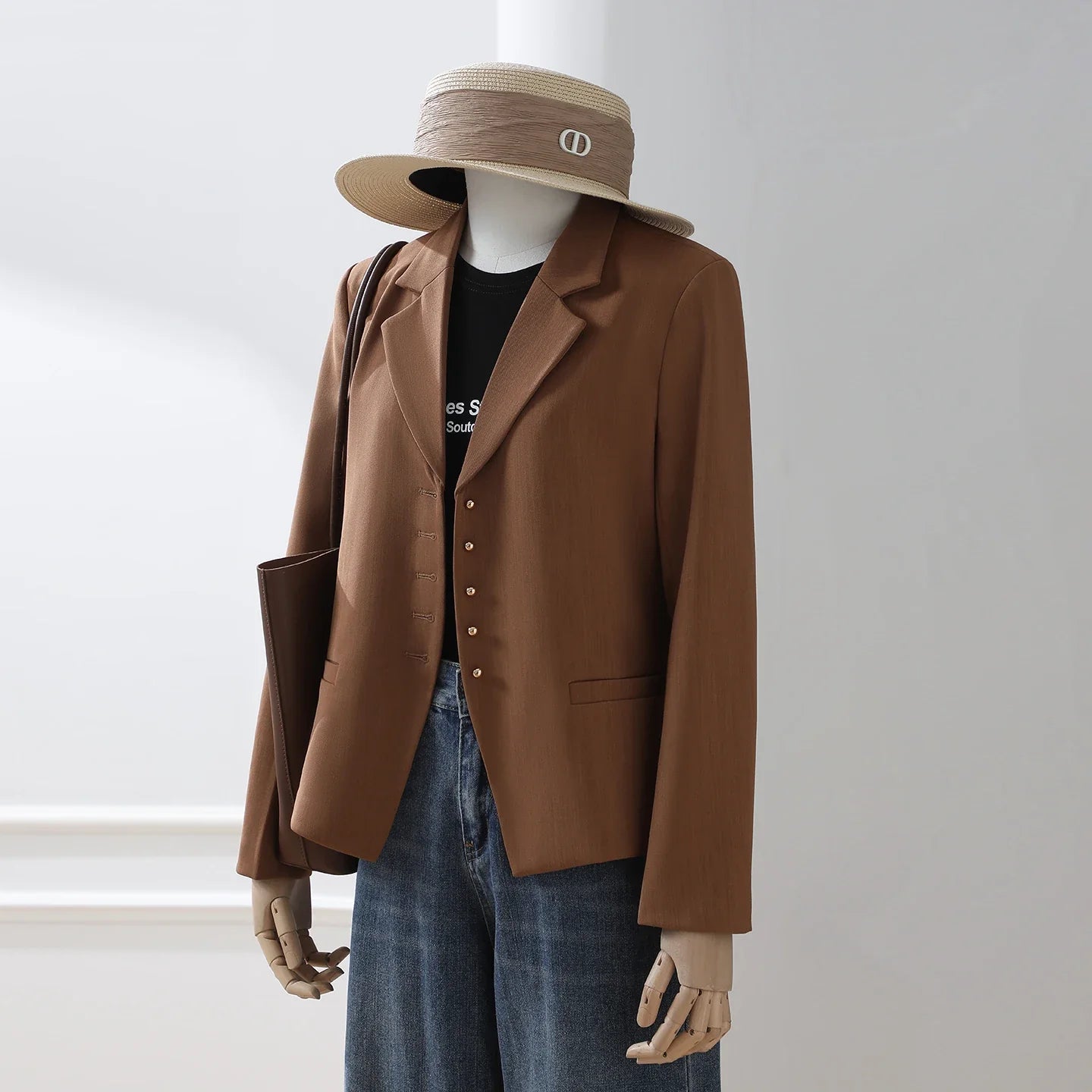 Women Vintage Brown Blazer Jacket Long‑Sleeve Single‑Breasted Lapel Suit Coat Ladies Casual Streetwear Office Slim‑Fit Outerwear
