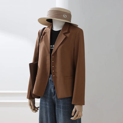 Women Vintage Brown Blazer Jacket Long‑Sleeve Single‑Breasted Lapel Suit Coat Ladies Casual Streetwear Office Slim‑Fit Outerwear