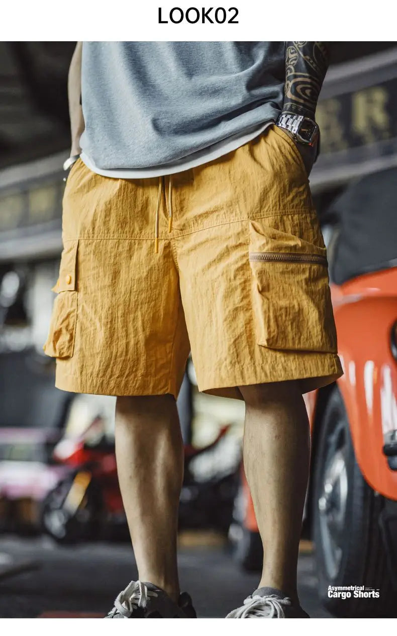 Outdoor Yellow Cargo Shorts Men's Summer Quick-Dry Lightweight Sports Shorts with Drawstring Waist Multi-Pocket Bottoms