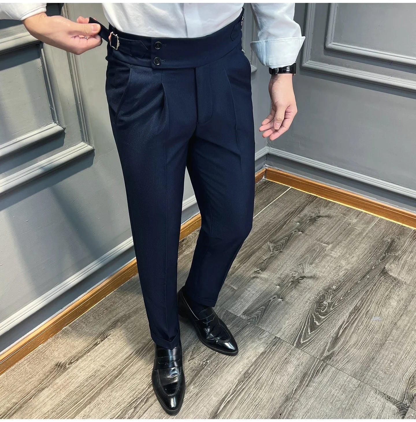 Italian Style Naples High Waisted Straight Pants Men High Quality Solid Color Business Casual Formal Office Social Suit Pants