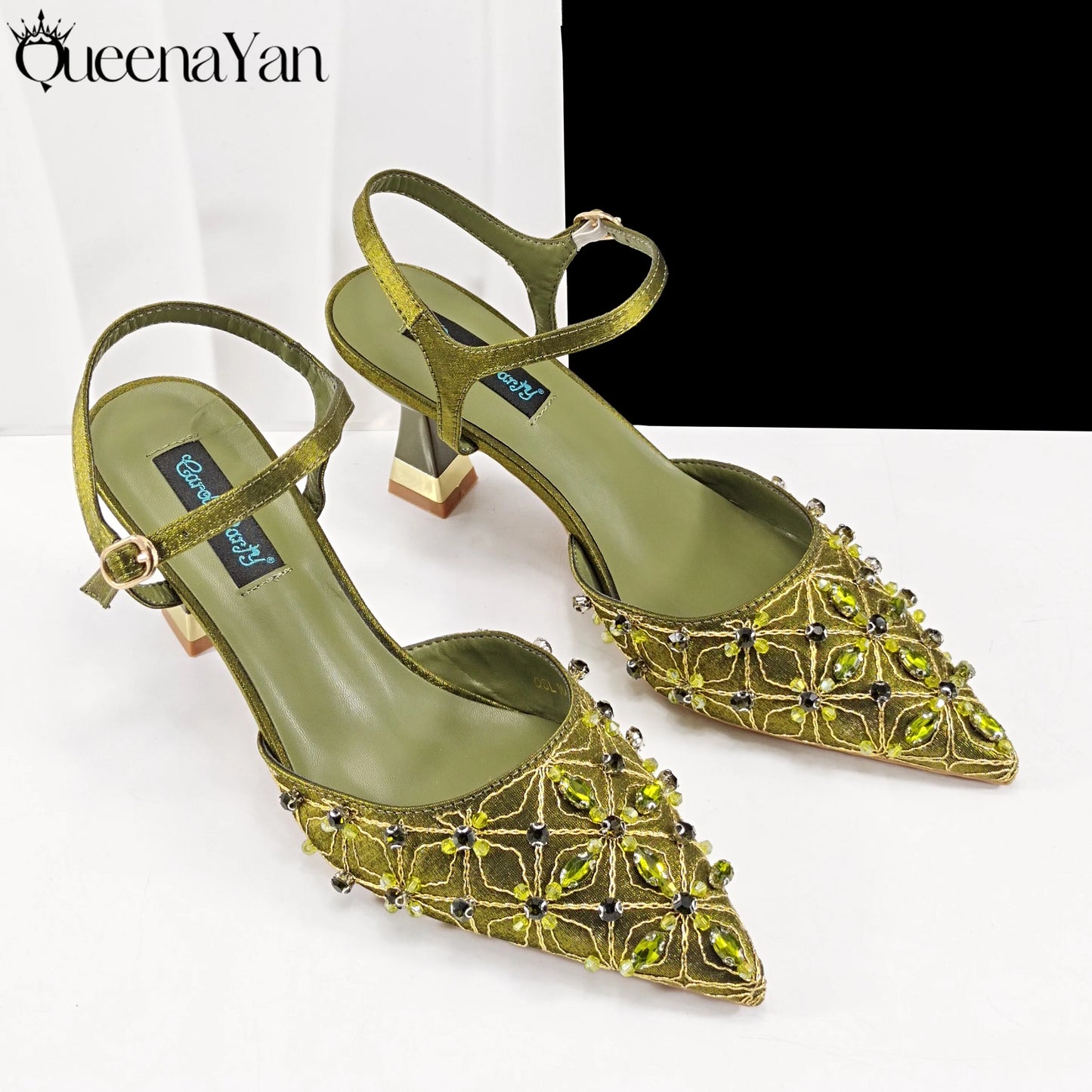 Elegant Full High Quality Diamond Design Olive Color Italian Women's Shoe and Handbag Set for Weddings and Special Occasions