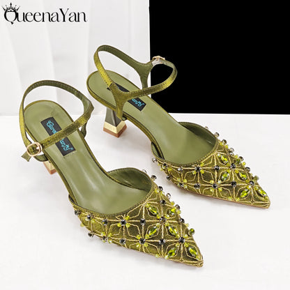 Elegant Full High Quality Diamond Design Olive Color Italian Women's Shoe and Handbag Set for Weddings and Special Occasions