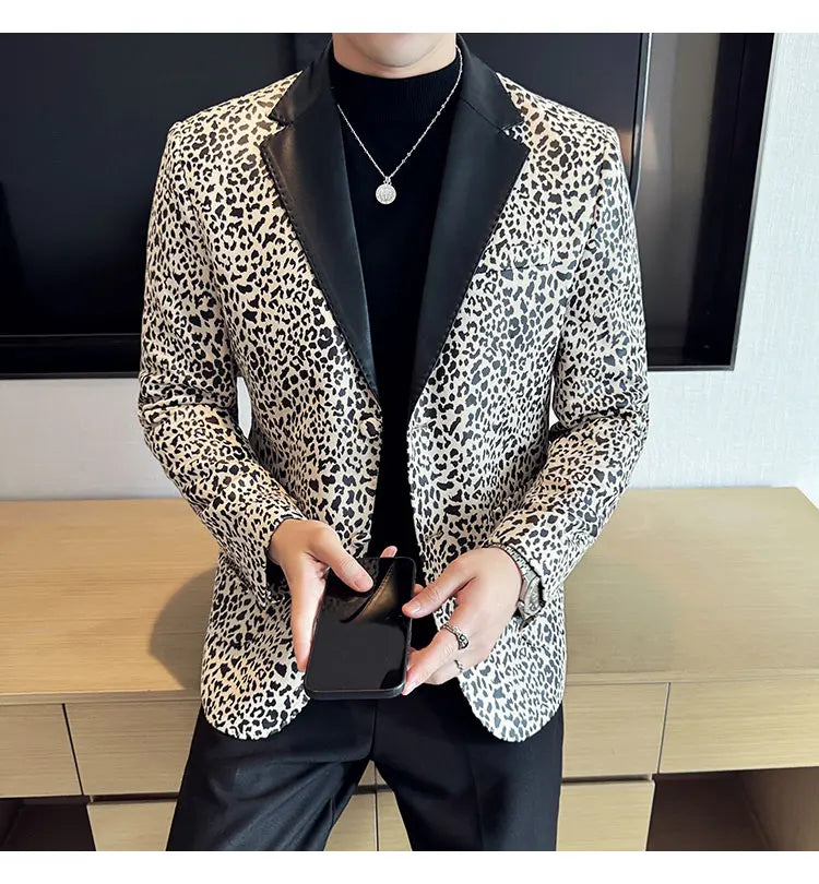 Splicing Leather Neck Casual Suit Jacket Fashion Leopard Men's Business Slim Fit Social Formal Blazers Wedding Groom Tuxedos
