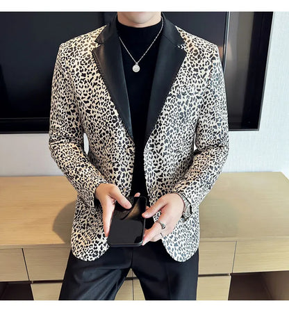 Splicing Leather Neck Casual Suit Jacket Fashion Leopard Men's Business Slim Fit Social Formal Blazers Wedding Groom Tuxedos