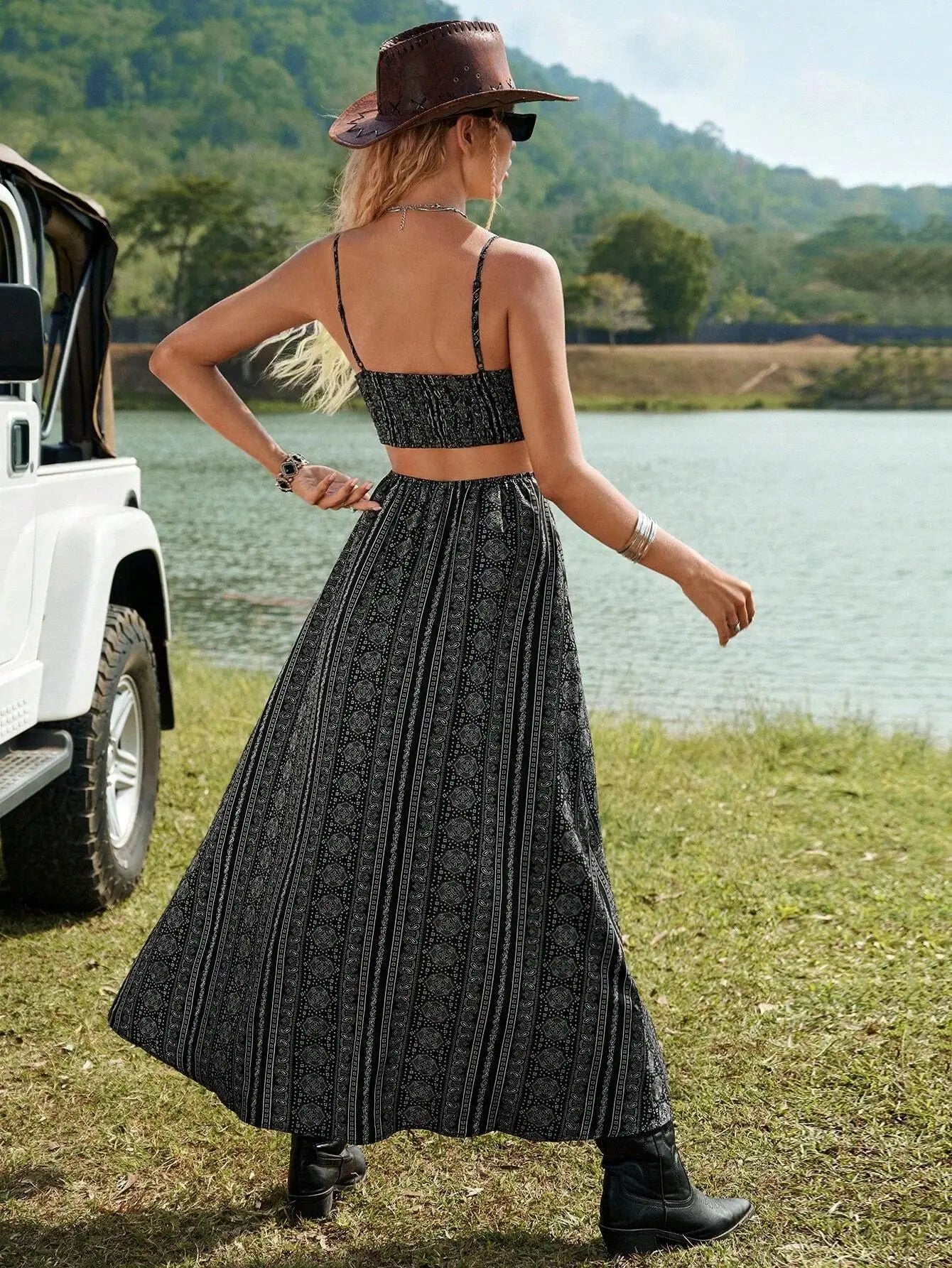 Deep V-Neck Backless Sling Dress with Thigh High Slit, Floral Print Beach Holiday Party Maxi Dress, Summer Women's Clothing