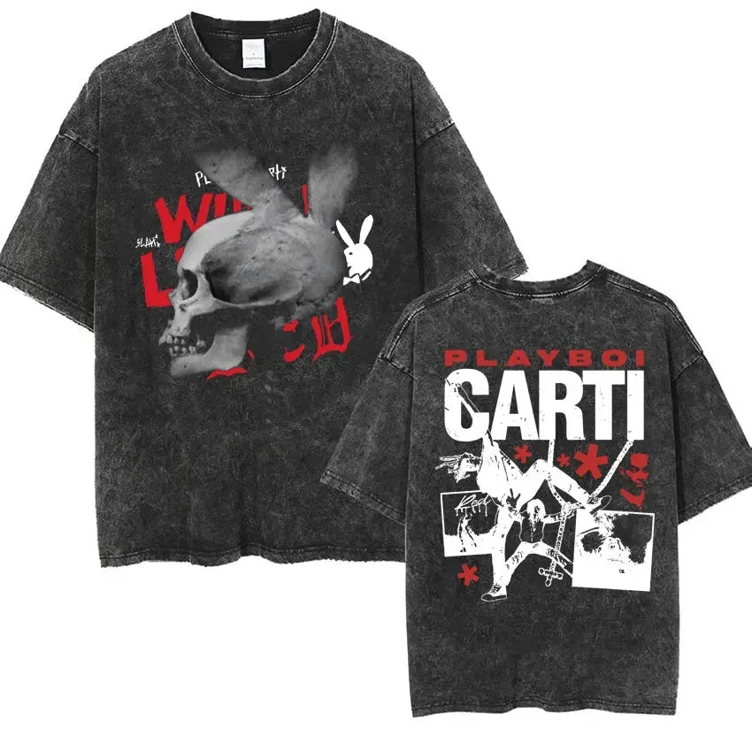 Retro Washed Playboi Carti I AM MUSIC Logo T Shirt Opium Ken Carson Narcissist Tour Antagonist Rap T-shirts Men's Oversized Tees