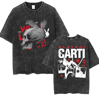 Retro Washed Playboi Carti I AM MUSIC Logo T Shirt Opium Ken Carson Narcissist Tour Antagonist Rap T-shirts Men's Oversized Tees
