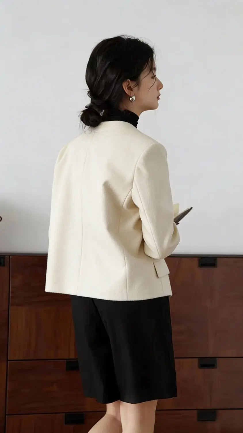 Womens Gray Collarless Blazer Cropped Open Front Suit Jacket Casual Office Outerwear