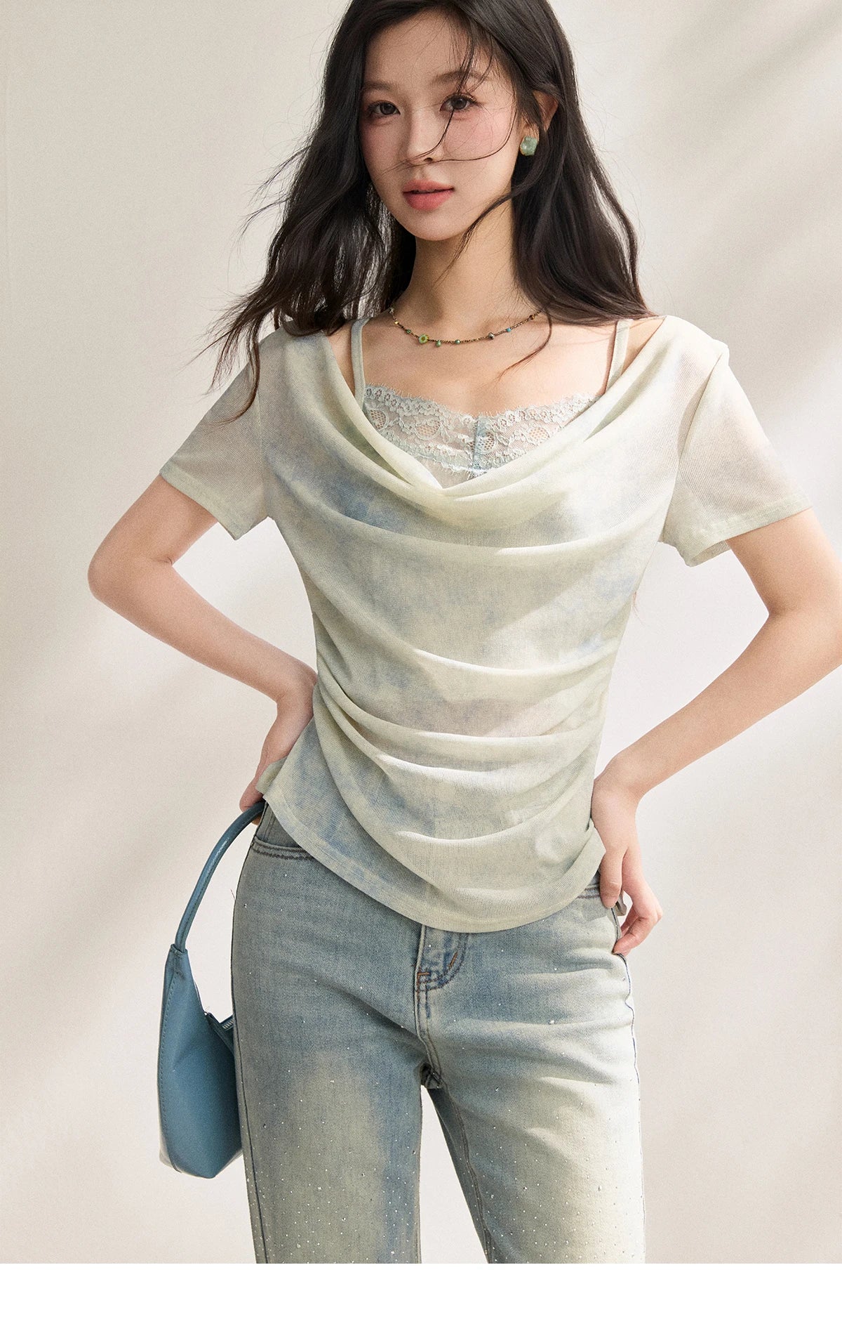 Blue Tie Dye T-Shirt For Women 2026 Summer New Swing Collar Lace Pleated Slimming Breathable French Style Top MXF22T1617