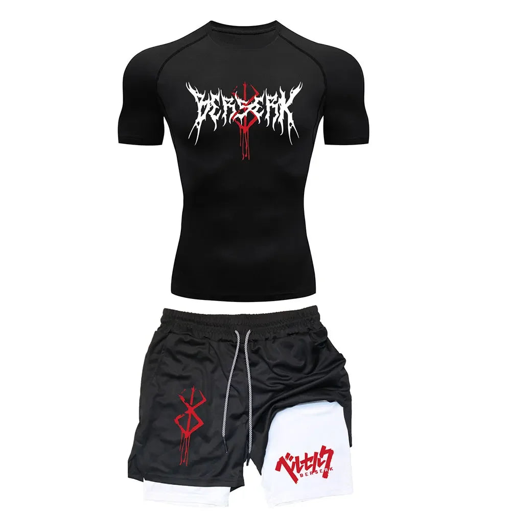 Anime Berserk Compression Set Men's Workout Gym Tshirts Breathable Running Shorts Quick Dry Sports Rash Guard Sportwear Set