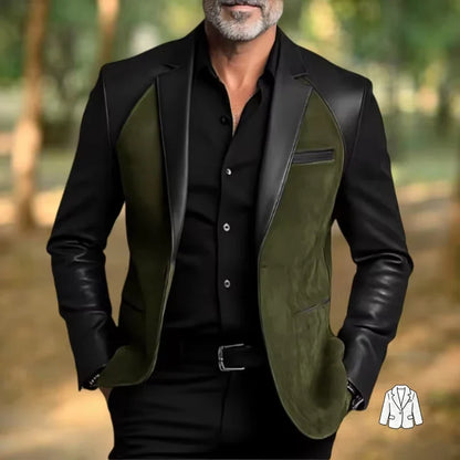 Retro Men's Faux Suede Jacket with PU Leather Collar & Shoulder 2 Buttons Two-Tone Blazer Contrast Trim Coat