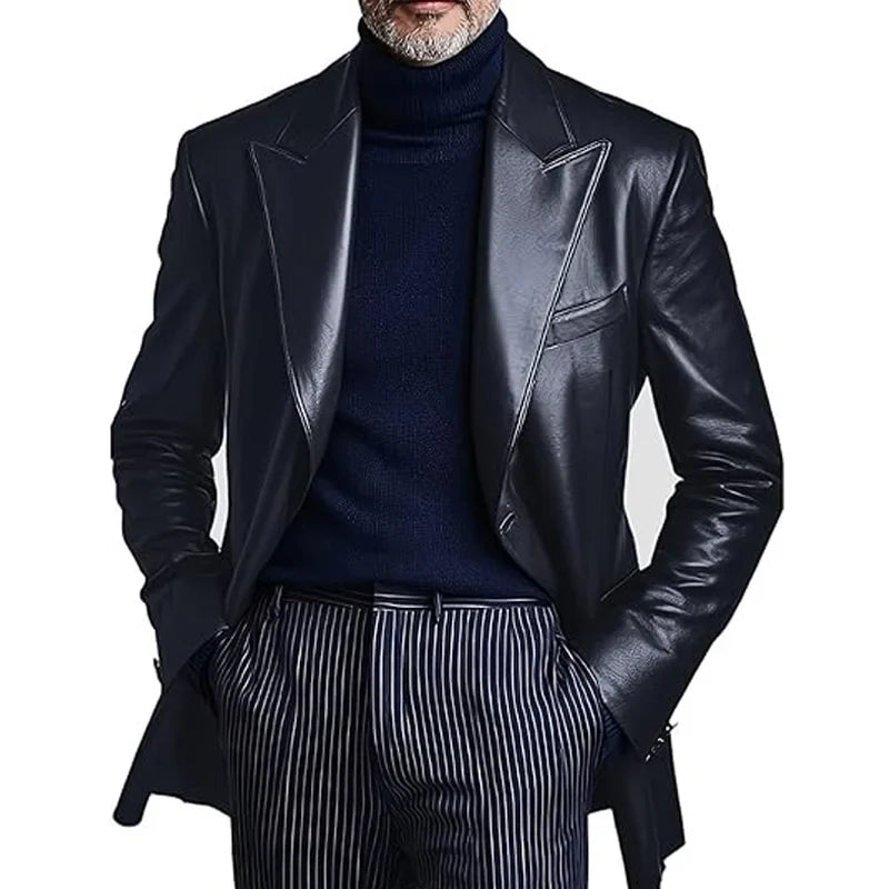 Men's Dress Leather Jacket Burgundy Luxury Slim Fit Notchde Lapel Flap Pocket Retro Soft Sport Coat For Business Casual