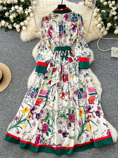 Retro Faion Print Stand Collar Single Button Women's Dr Waist Cinched Floor Length Skirt Korean Sle High Waist Long Sl...