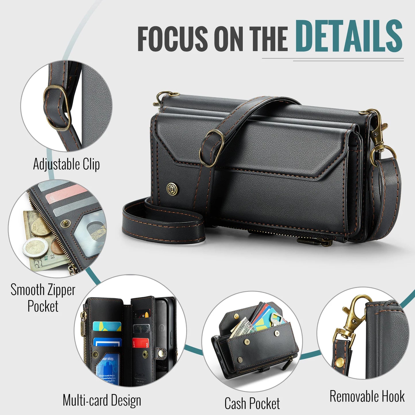 Case for iPhone 17 16e 16 15 14 13 12 11 Pro Max Leather Strap Zipper Card Holder Phone Wallet  Case
