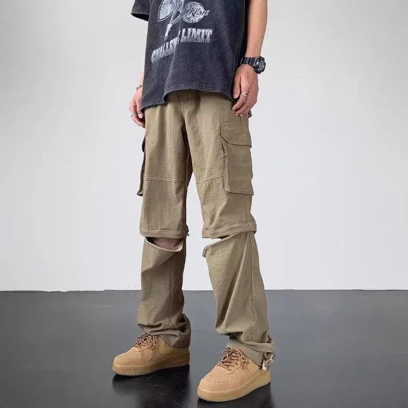 Men's Summer Cargo Pants Quick Dry Double Used Pants Elastic Waist Detachable Feet Loose Straight Waterproof Long Trousers