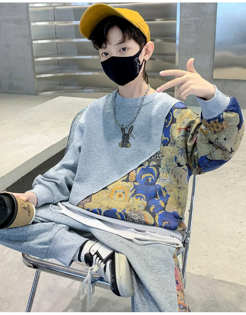 Boys Cotton Cartoon Print Patchwork Workout Sweatshirt+Sweatpant Sets Children 2PCS Tracksuit School Kids Jogging Outfits 5-16Yr