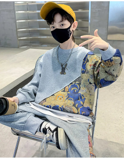 Boys Cotton Cartoon Print Patchwork Workout Sweatshirt+Sweatpant Sets Children 2PCS Tracksuit School Kids Jogging Outfits 5-16Yr