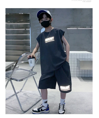 Teenage Summer Tracksuit for Boy with Shorts Tshirt 2 Piece Top and Bottom Clothes Set Kids Child Casual Cotton Outfit Suit Wear