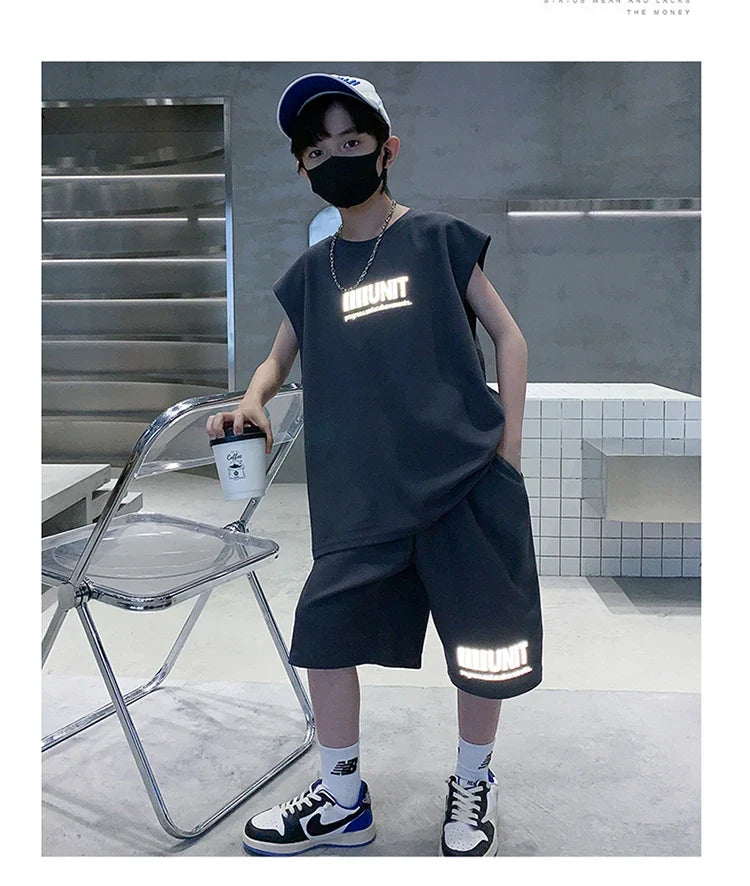 Kids New Summer Tracksuit for Boy Cotton Tank Top Set Children Wing Reflective Clothing Set Shorts and Vest 2 Pieces Outfit 5-14