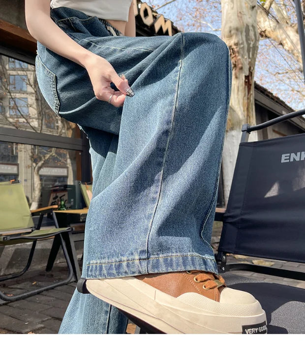 High Waist Wide Leg Jeans Women's Loose Fit Dstring Elastic Waist Long Trousers Blue Denim Spring Season Faion plus Size
