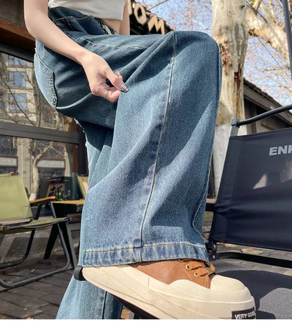 High Waist Wide Leg Jeans Women's Loose Fit Dstring Elastic Waist Long Trousers Blue Denim Spring Season Faion plus Size