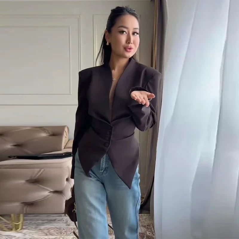 Chic Pleated Waist Cinched Women's Jacket V Neck Single Breasted Lace Up Blazer Coat Lady 2026 Casual Slim Commute Outerwear
