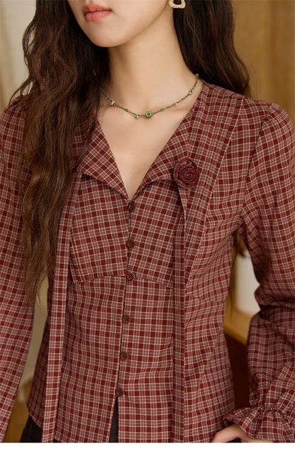 Women's Red Tied Plaid Shirt 2025 Autumn New Arrival Sweet 3D Floral Turn-Down Collar Long-Sleeve Blouse Women MXE45X2481