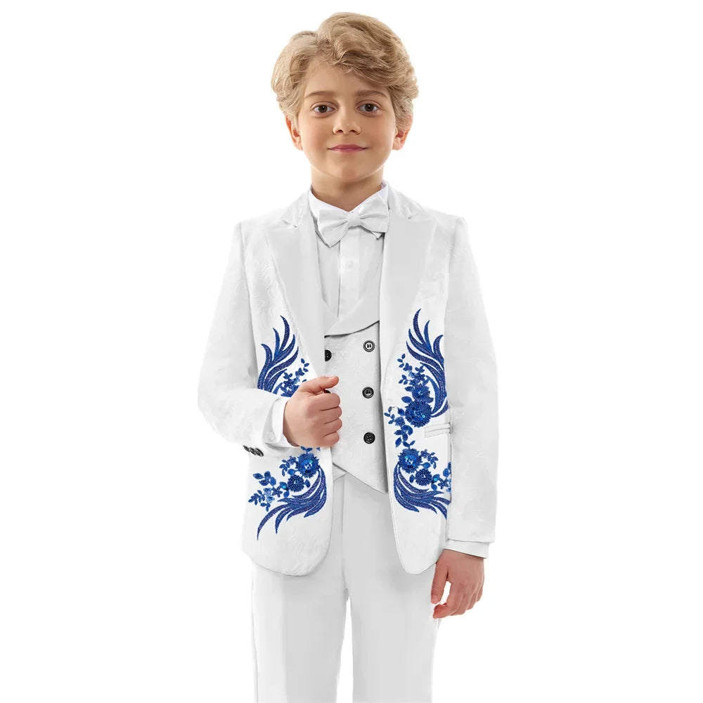 Luxurious Beaded Appliques Suit Set 4 Pieces For Boys Jacquard Kids Suits Performance Costumes Handsome Party Tuxedo