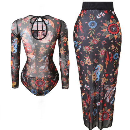 S - XXL Printed Long Sleeve With Sarong One Piece Swimsuit Women Swimwear Female Flowers Padded Bather Bathing Suit Swim V7181