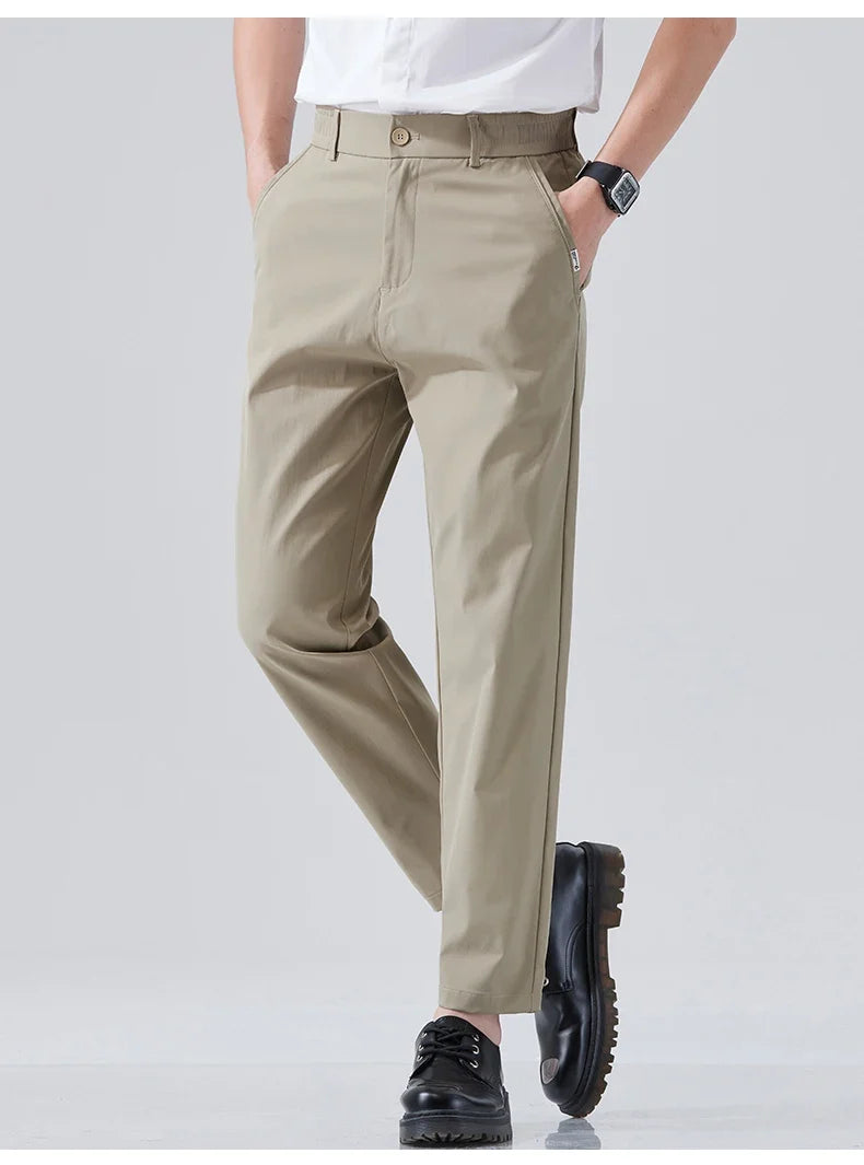 2026 Spring Summer Thin Ice Silk Suit Pants Men's Business Straight Slim High Elastic Ankle Length Casual Pants Male