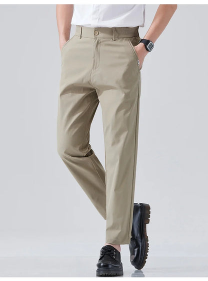 2026 Spring Summer Thin Ice Silk Suit Pants Men's Business Straight Slim High Elastic Ankle Length Casual Pants Male