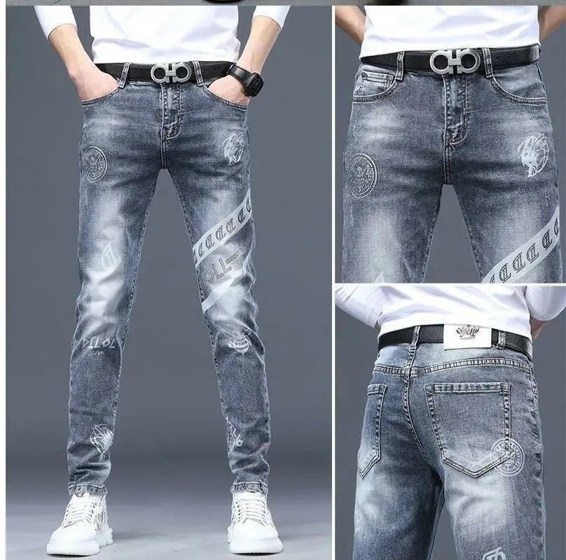 High End Stylish Classic Distinctive Printed Black Stretch Denim Jeans for Men High Quality Slim Fit Stretch Luxury Denim Pants