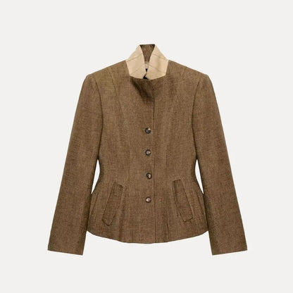 Brown Linen Blend Fitted Blazer Contrast Stand Collar Single Row Buttons Waist Cinched Tailored Cropped Vintage Commuter Coat